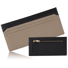 Greacess Women's Long Wallet, Thin, Genuine Leather, Slim Card Case, Thin, Anti-Skimming, Lightweight, Black × Grage