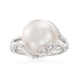 Ross-Simons 12-12.5mm Cultured Pearl Ring With Diamonds in Sterling Silver. Size 7