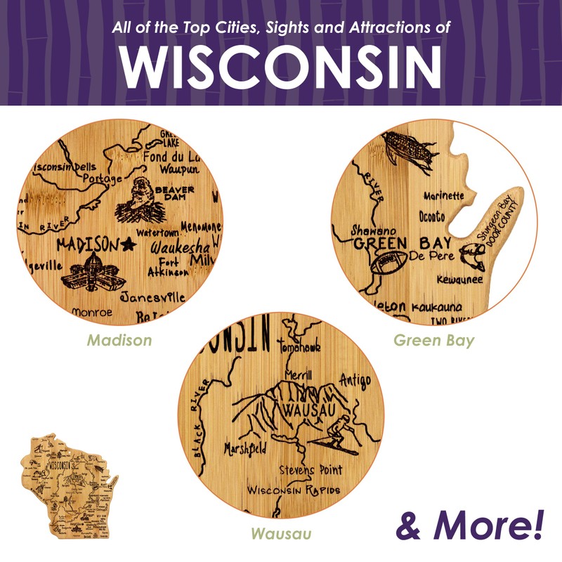 Totally Bamboo Destination Wisconsin State Shaped Serving and Cutting Board,