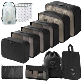 Gemtte Suitcase Organiser Set, 14 Pieces Waterproof Packing Cubes, Multifunctional Travel Packing Cubes, Suitcase Organiser Packing Bags for Suitcases, Travel Organiser Set with Clothes Bags (Black)