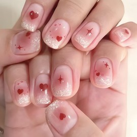 Valentine's Day Press on Nails Short Square Fake Nails with Red Heart Designs Glitter Glue on Nails Pink Gradient Acrylic Nails Cute False Nails Nude Stick on Nails for Women 24Pcs