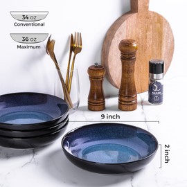 LERATIO Large Pasta Bowls,38oz Ceramic Pasta Bowls,9.0" Reactive Glaze Pasta Bowl Set of 6,Microwave & Dishwasher,Oven Safe,Wide Serving Bowls for Salad,Pasta,Fruit,Scratch Resistant-Blue