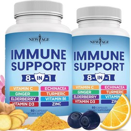 NEW AGE 8 in 1 Immune Support Booster Supplement with Echinacea, Vitamin C and Zinc 50mg, Vitamin D 5000 IU, Turmeric Curcumin & Ginger, B6, Elderberry Dietary Healthcare - Size: 2 Bottles