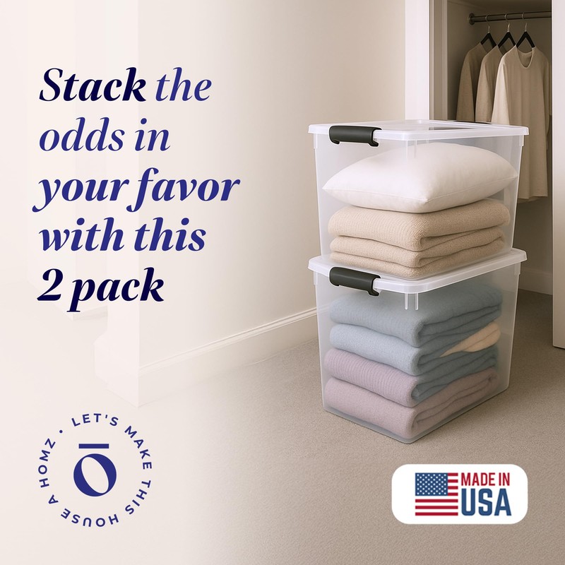 HOMZ 2-Pack Latching Lid, Large Clear Plastic Storage Bins w/Lids,