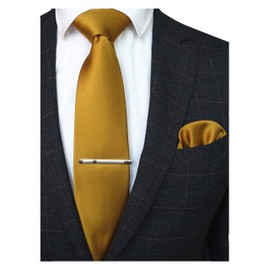 Jemygins Men’s Wedding Ties and Handkerchiefs - Plain Set with Tie Clip - Various Colours - yellow, size: m