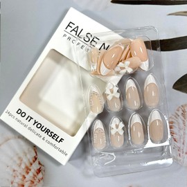 White French Tip Press on Nails Medium Almond Shaped False Nails with White Bow Tie Design Pearl French Fake Nails Reusable Artificial Coffin Nails Full Cover Acrylic Nails Glue on Nails for Women