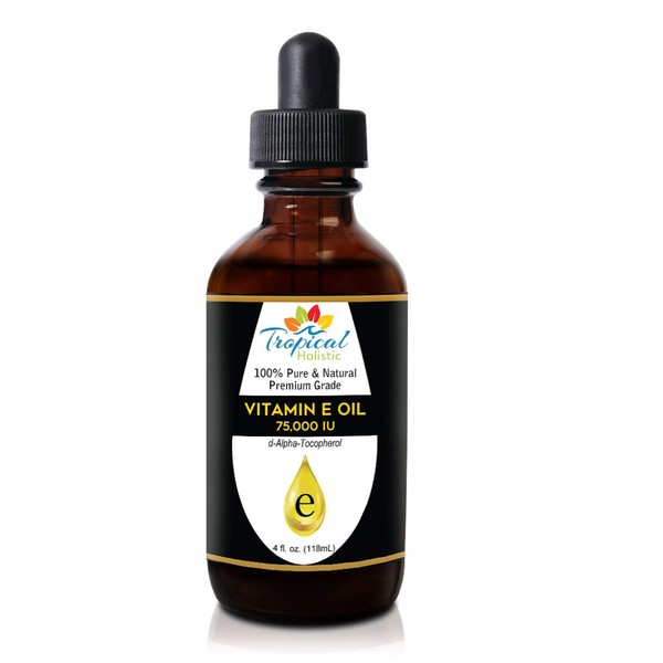 100% Pure Vitamin E Oil 4oz - Extra Strength 75,000 IU, Unrefined Natural Face Moisturizer For Skin, Scars, Nails, Hair Growth, Wrinkles, Dark Spots - Premium Grade Antioxidant by Tropical Holistic