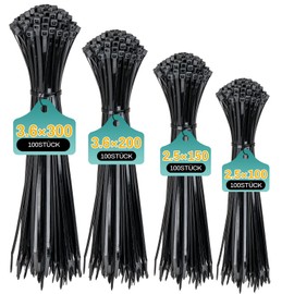 REZOSY Set of 400 Black Cable Ties, 100/150/200/300 mm (100 Pieces of Each), Various Sizes, Super Durable, Self-Locking Cable Ties for Cable Management, Gardening, Living