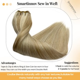Hand Tied Sew in Hair Extensions Ombre Blonde Human Hair Bundles Ash Blonde Fading to Platinum Blonde Hand Tied Weft Hair Extensions 12Inch 80g 8T60 Real Hair Ombre Blonde Double Weft Sew in Bundles