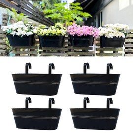 LaLaGreen Outdoor Plants Rail Planter (4 Pack, 15 Inch) Black Metal Iron Hanging Flower Pots Deck Railings Fence Balcony Buckets Modern Boho Style Window Box Plant Holder Hooks Porch Home Garden Decor