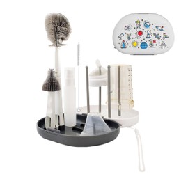 Bottle Brush Set -Baby Travel Essential-6 in 1 Bottle Cleaner Kit with Silicone Bottle Scrubber, Nipple Cleaner, Straw Brush, Drying Rack, Soap Dispenser, Storage Box - Home and Travel (White/Gray)