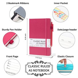 feela Hardcover Notebook For Work, Classic Ruled Lined Journal Set School Business Supplies, with 3 Black Pens, 120 GSM, 5.1”x8.3”, 3 Pack, A5, Solid Colors, Gray, Berry, Emerald