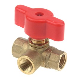 Coshar 3-Way Forged Brass Ball Valve T Shape Shut Off Thread Pipe Fitting, Red Plastic Handle, 1/4" (L-Port)
