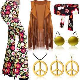 Haull 7 Pcs 60s 70s Outfits for Women Hippie Costume Set Boho Flared Pants Fringe Vest Peace Sign Accessories Set (Flower,Medium)