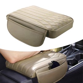 Slykew 1 PC Car Armrest Cover, 12.59" x 8.66" x 1.96" Leather Center Console Protector Armrest Pad with Pocket, Automotive Decoration Accessories, Suitable for Most Cars, Trucks, SUVs (Beige)