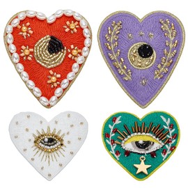 INFUNLY 4Styles Evil Eyes Heart Beaded Patches Rhinestone Applique Patches Evil Eyes Sequin Applique Sew on Love Patch with Pearls Handmade Crystal Heart Appliques for Clothes Jeans Jackets Bag Shoes