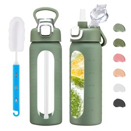 chunmo 20 oz Glass Water Bottle with Straw Reusable Water Bottle with Non-Slip Silicone Sleeve Wide Mouth Leak-Proof for Coffee, Tea and Water,BPA-free, Dishwasher Safe