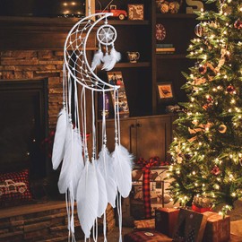 Dremisland White Dream Catcher Handmade Moon Design with Feathers Indian Dreamcatcher Wall Hanging Home Decoration Ornament Festival Craft Gift