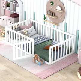 Harper & Bright Designs Twin Floor Bed with Rails, Wood Floor Bed Frame with Fence and Door, for Kids Girls Boys (Twin Size, White)