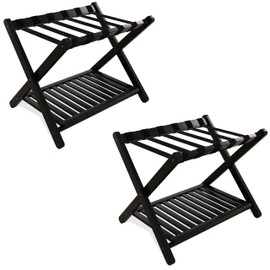 SMIBUY Luggage Rack, 2 Pack, Foldable Bamboo Suitcase Stand with Storage Shelf for Guest Room, Bedroom, Hotel, Heavy-Duty (Black)