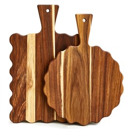 2Pcs Acacia Wood Scalloped Cutting Board with Handle Wooden Chopping Board Decorative Cutting Boards for Kitchen Decor Charcuterie Boards Serving Tray for Cheese Bread Pizza Fruit Meat