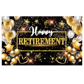 Extra Large Happy Retirement Banner - 70.9" x 43.3" Retirement Party Decorations for Men & Women, Fabric Retirement Sign with 4 Brass Grommets & 19.69ft Ribbon, Photo Booth Backdrop (Black and Gold)