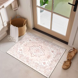 RELEANY Area Rugs 2'x3' Washable Non-Slip, Floral Vintage Distress Print Pattern Medallion Carpet for Living Room Bedroom Dining Room, Pink Greypink Cute