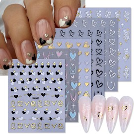 6 Sheets Valentines Day Nail Art Stickers 3D Self Adhesive Nail Design Stickers Gold Silvery Heart Nail Stickers Supply White Black French Tip Nail Decals for Women DIY Manicure Heart Nail Decoration