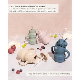 Hippypotamus Silicone Transition Cups - Squeeze-Proof Toddler Cups With Straw & Lid - Removable Handles - Set of 2 (Sage/Fog)