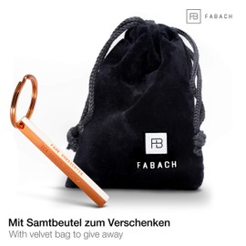 FABACH Cuboid Key Ring, “Fahr vorsichtig, ich brauch Dich,” engraving - Cuboid Car Keyring, Stainless Steel - Stick Pendant with Deep Filigree Engraving, Rose Gold