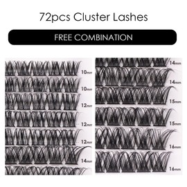Individual Lashes 72 Cluster Lashes 3D False Eyelashes Natural Look D Curl Reusable Fluffy Individual Cluster Lashes Soft Eyelashes DIY Cluster Eyelash Extensions Mix 10-16MM-DM01