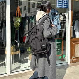 Unisex student office worker daily casual pocket string backpack Black