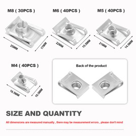Knpwer Pack of 150 Thread Clip Nut Set, U-Type Sheet Metal Nuts, M4 M5 M6 M8 Sheet Metal Nut U Type Metal Clip Nuts for Car