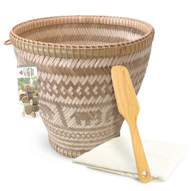 PANWA Handmade 100% Natural Traditional Thai Bamboo Wicker Sticky Rice Cooking Basket Lucky Elephant Weave with Large Size with 24x24 Inch Cheesecloth Wrap and Vintage Wooden Paddle