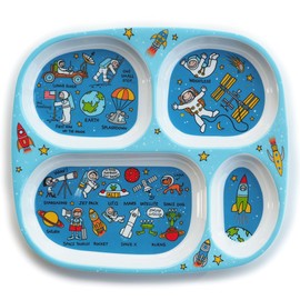 Tyrrell Katz Toddler Divider Plate in Blue with 4 Sections and Space Design - Dishwasher Safe Melamine Kids Compartment Tray - 24 x 21 x 2 cm
