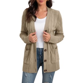 GRECERELLE Women's Knit Long Cardigans Jumpers Cardigan with Pockets with Buttons Ladies Loose Long Sleeve Knitwear Oversized Sweater Cardigan for Autumn Winter Spring (Khaki, L)