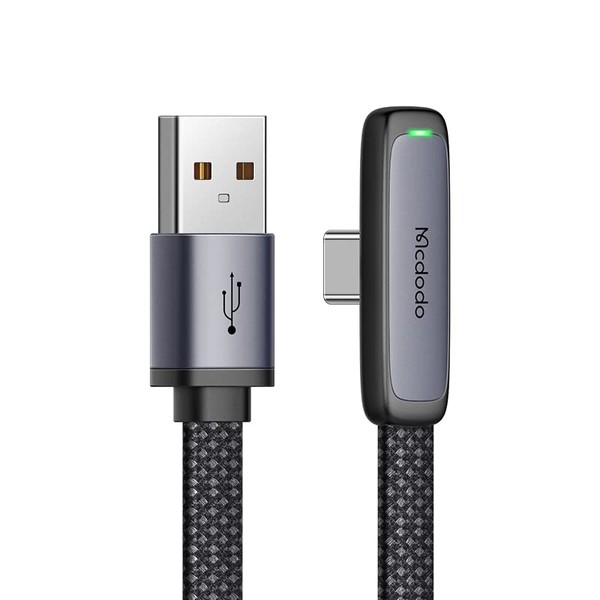 Mcdodo USB-C Cable, 3.7 ft (1.2 m), 100W/66W Rapid Charging, 6A Large Current, Ultra-Thin Right Angle Shape, Type-C Cable, MSC Charging Technology & Dual Core Protection Chip, High Speed Data Transfer, LED Light, High Density Braid with 2 Colors, Aluminu