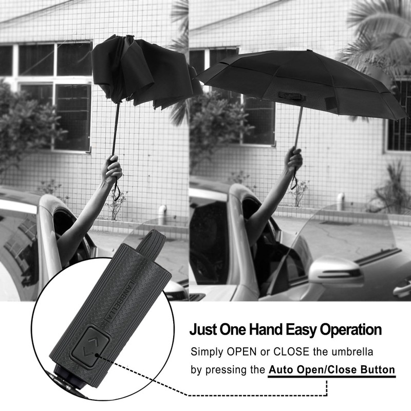 LANBRELLA Travel Umbrella, Compact Folding Vented Double Canopy Auto Open