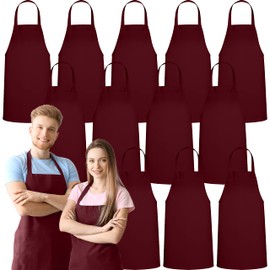 GREEN LIFESTYLE 12 Pack Professional Chef Apron – Grilling Aprons for Men, Waterproof Cooking Apron for BBQ, Work or Restaurant Use, Kitchen Aprons for Women – Burgundy, No Pockets