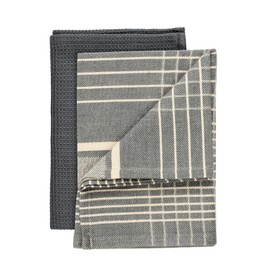 Tito Tea Towels, Set of 2, Absorbent, Quick-Drying Tea Towels, Grey Cotton in Waffle Look and Stripes, 45 x 65 cm