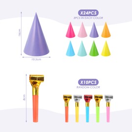 FDGGT Pack of 24 Party Hats and 10 Pipe Toys, Colourful Birthday Hats, Cute Party Hats, Party Accessories