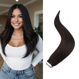 Bella Hair Premium Tape In Hair Extensions - Full Cuticle Aligned Remy Human Hair Straight, 20pcs 22 inch 50g Natural Black Hair Piece, Damage-Free Instant Natural Look Volume