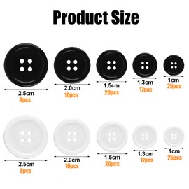 wangjiangda Pack of 160 Black and White Buttons, 4 Holes Buttons, Sewing Kit Buttons, Buttons Sewing Round, Buttons Large, Buttons Sewing, Craft Buttons for Needles, Knitting Crafts (10, 13, 15, 50,