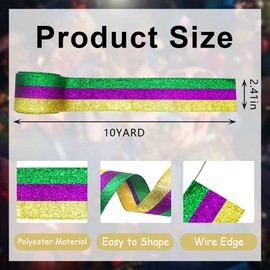 Hying Mardi Gras Ribbons for Wreath Bows, 2.5"×10 Yards Fat Tuesday Wired Edge Ribbons Glitter Gold Purple Green Ribbons for Crafting New Orleans Carnival Party Decoration Supplies