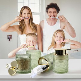 DASITON Bathroom Accessories Set,4Pcs Glass Bathroom Counter Set with Foaming Soap Dispenser,Toothbrush Holder,Bathroom Tumbler,Cotton Swab Jars, for Vanity Bathroom Decor(Green A)