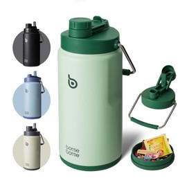 BOTTLE BOTTLE Insulated Water Bottle 64 oz with Straw and Dual-use Lid Half Gallon Water Jug Vacuum Stainless Steel for Workout Sports Insulated Beer Growler with Handle and Pills Holder Green