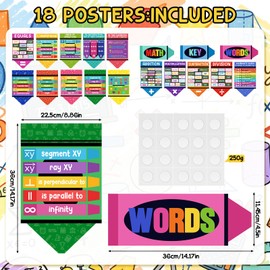 ReliThick 18 Pcs Elementary Math Poster for Beginning of The School Year Math Keywords Back to School Classroom Crayon Decorations Mathematics Symbol Poster Bulletin Board Decor Elementary Supplies