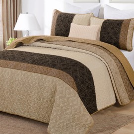 Boho King Size Quilt Set,Striped Plaid Bedspread Coverlet Set,Light Brown Bedding Set Soft Microfiber Bedding Set with 2 Pillow Shams 110"x90"