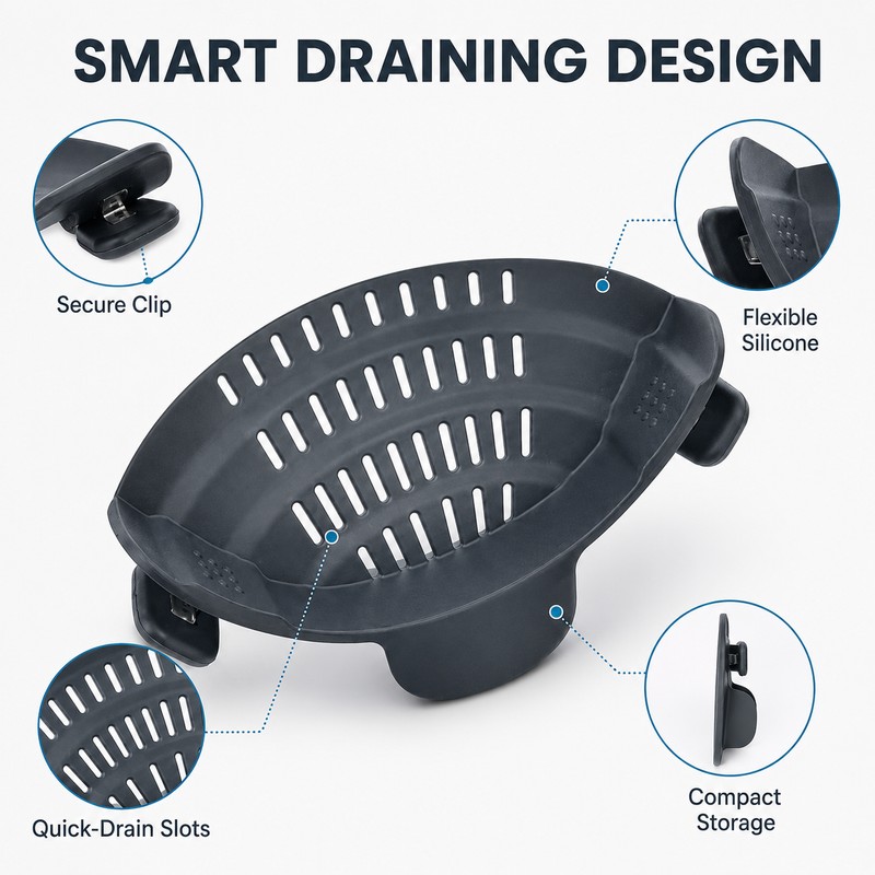 Clip-On Silicone Strainer for Pots & Pans – Compact Colander