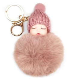 WtgwtQ Fur Ball Pom Pom Keychain for Women Handbag Car Key Chain Decoration Fluffy Cute Baby Girl Doll PomPoms For Christmas Gift (Pink)